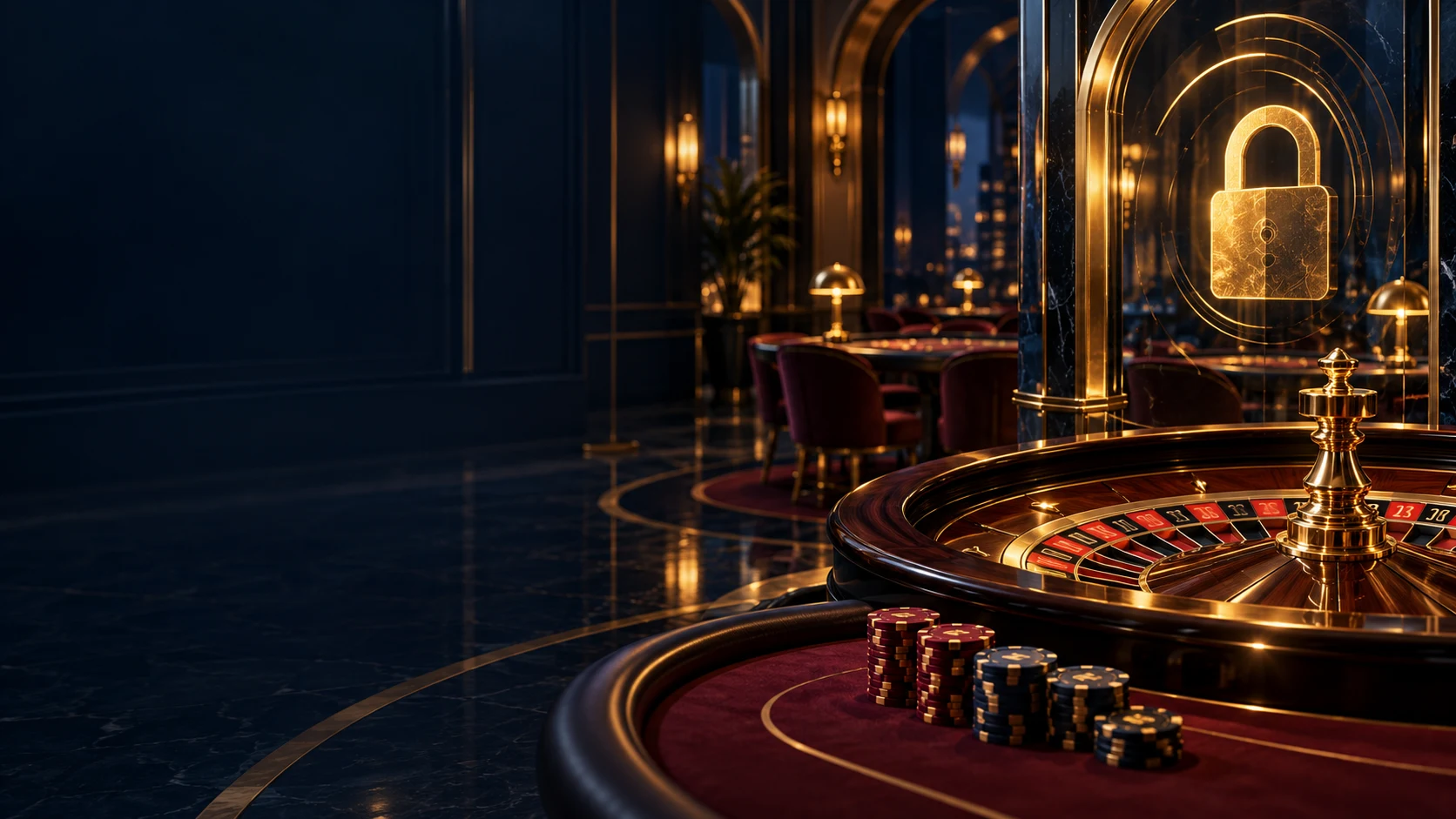 Casino ve veri güvenliği için hazırlanmış illüstrasyon: rulet masası ve altın kilit motifi.